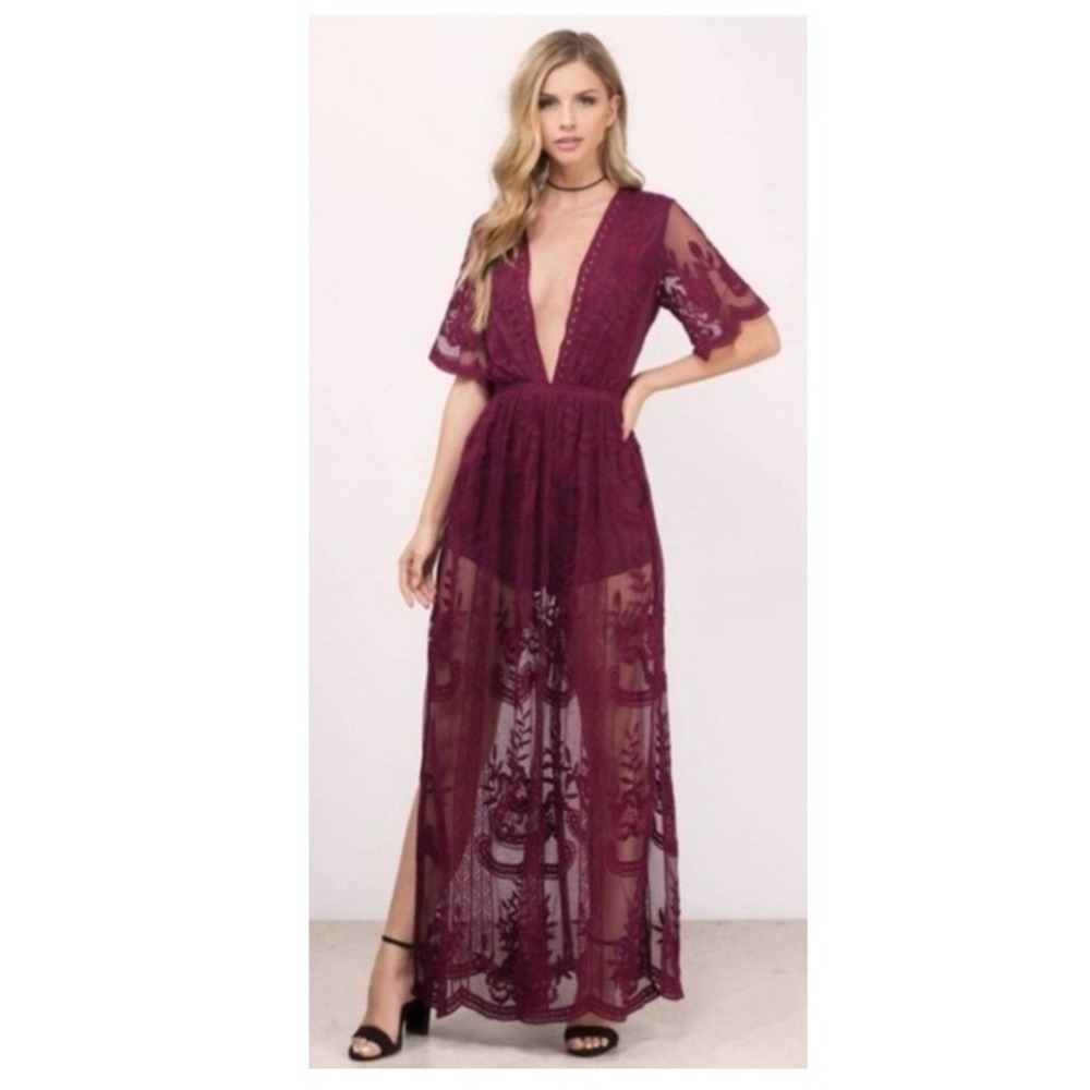 Honey Punch Burgundy Embroidered Lace Maxi Romper Dress Womens Medium Excellent